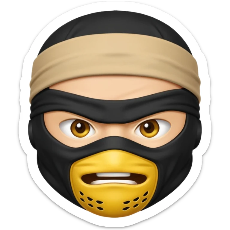 angry ninja face emoji, classic yellow emoji style, all black ninja mask, no mouth, furrowed brows, black ninja headband tie sticker