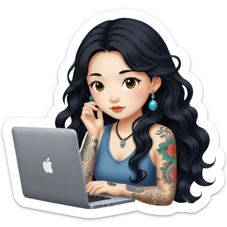 beautiful girl, with tattoos, with long black hair, wavy hair, chinese, with laptop sticker