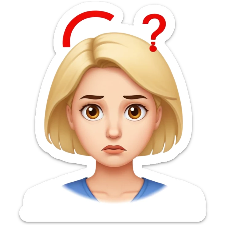 A woman with a confused facial expression, furrowed brow, and question mark above her head sticker