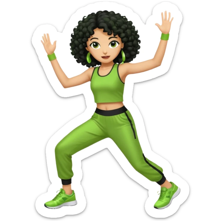 a woman with olive skin tone and curly black hair wearing green and dancing. full body, disco pose. running outfit sticker