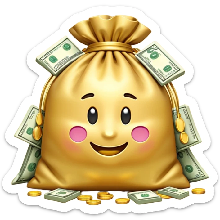 Luxury 3D emoji, overflowing money bag, stacks of cash, premium lighting, rich glossy look, ultra clean, transparent background


 sticker