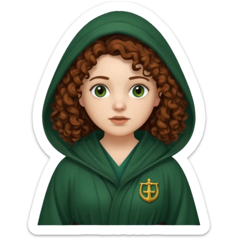 A white woman with a chubby face, with long dark auburn hair, cloaked and hooded like she's a Traitor in the tv show 'The Traitors'. her hair is frizzy curly, not with defined curls, and the robe is a very dark green/almost black color sticker