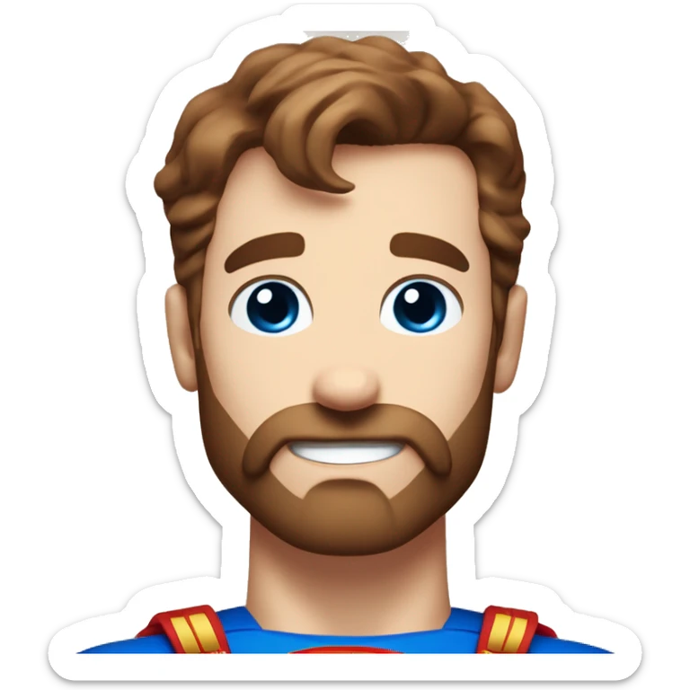 White superman, redish hair, blue eyes, redish brownish facial hair, very handsome, scruffy beard, flying, with a blue goat sticker