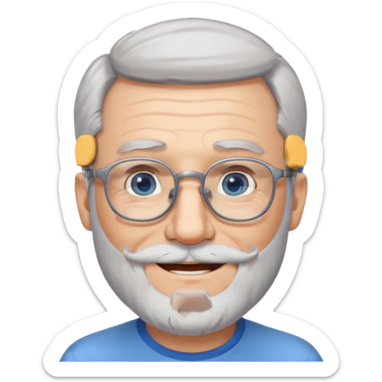 Create me an emoji of an old man. Gray really short size hair. Gray follow-up full beard. Squarer Glasses. Blue eyes. Little smile sticker