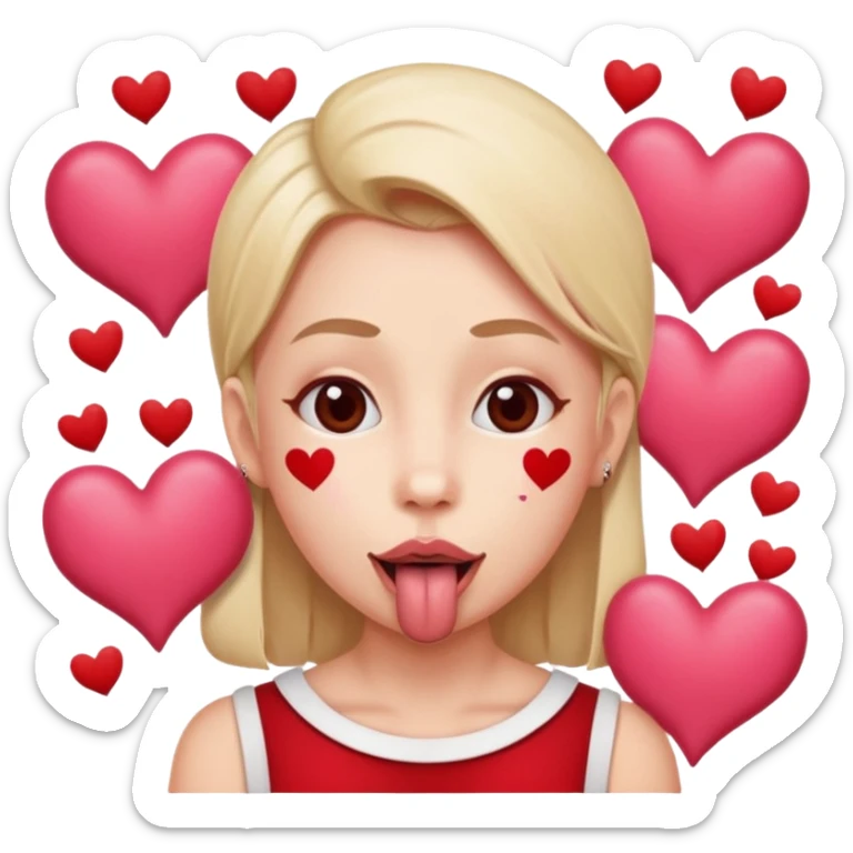 A cross eyed person with their tongue out far with Valentine’s Day decor/hearts around sticker