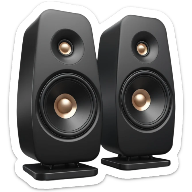 pair of big speakers emoji, deep matte black metal body, circular speaker cones with subtle depth, smooth rounded edges, minimalistic futuristic 3D style, luxury aesthetic sticker