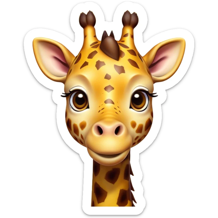 Cinematic Cute Giraffe Portrait Emoji, Head tilted playfully and inquisitively, featuring a glossy, patterned Fur of warm yellows and browns with delicate white spots, round, sparkling eyes filled with curious wonder, Simplified yet irresistibly adorable features, highly detailed, glowing with a warm, friendly glow, high shine, affectionate and gentle, stylized with a touch of savannah whimsy, bright and endearing, soft glowing outline, capturing the essence of a mischievous yet loving giraffe, so playful it feels like it could gallop out of the screen and into your arms! sticker