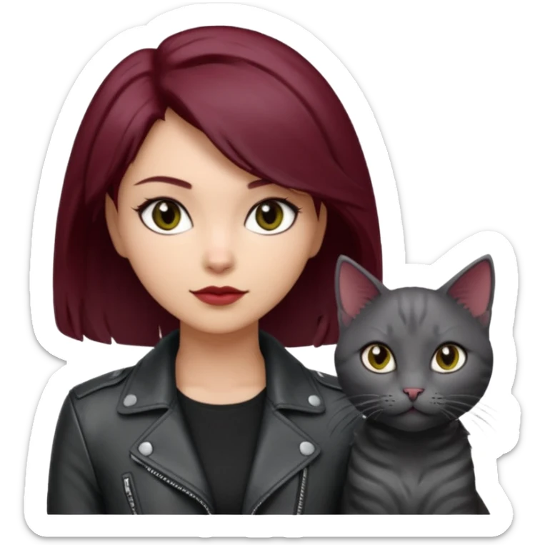 femme  yeux gris, cheveux court bordeaux, cuir noir, avec chat poils longs gris clair et chat poils ras noirs sticker