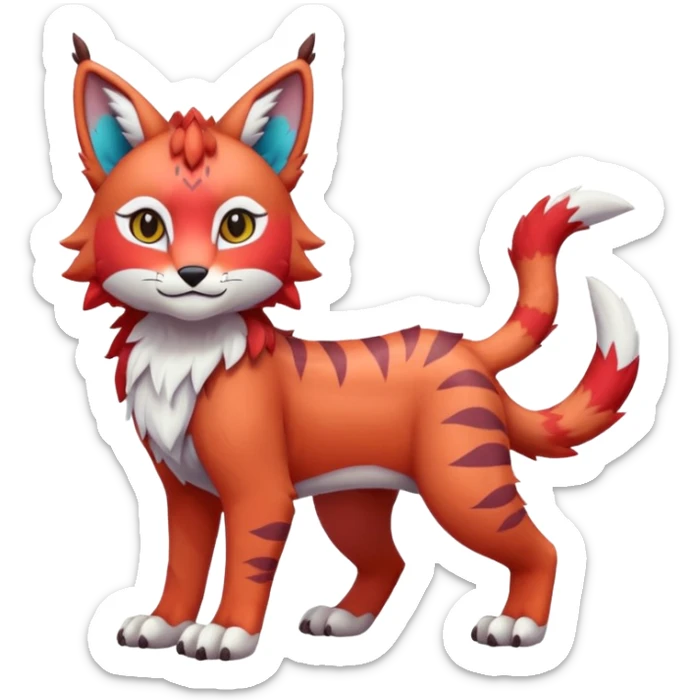 Colorful tropical reddish kawaii cute Lynx-Trico-Sergal-Wolf-Vernid-Fakémon-Pokémon-creature (full body) sticker