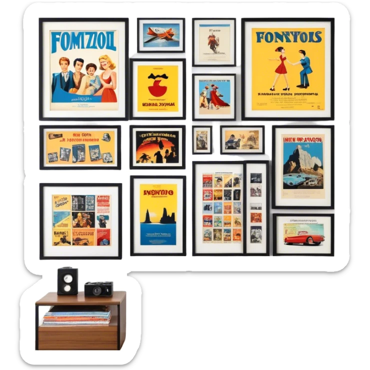 Icon for Photograph and Poster Collecting: a collection of photographs and movie posters, neatly displayed on a wall or in frames. The icon should evoke the nostalgia and artistic value of collecting rare images and posters. Transparent background. sticker