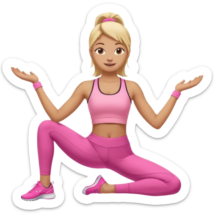 Mujer color de piel moreno claro con cabello rubio, usando un top rosa deportivo y leggins deportivo rosa en una pose de yoga, viendo hacia enfrente con ojos negros y sonriendo sin mostrar los dientes sticker