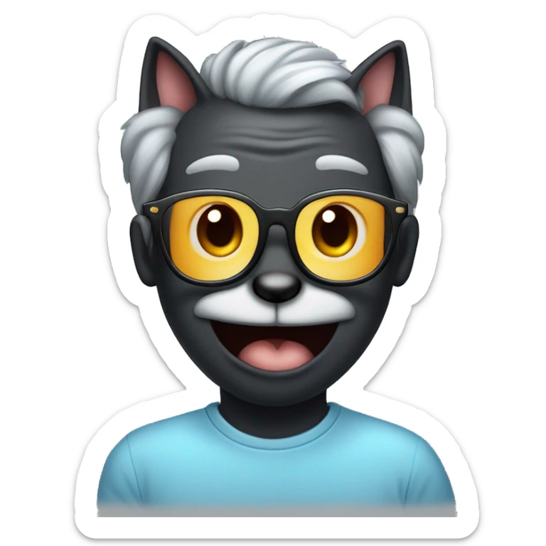 A black cat with a mouse in his mouth with a man smiling softly with grey hair no beard rectangular glasses in a sky blue shirt  sticker