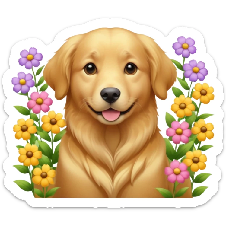 A Golden Retriever sitting in a blooming flower garden, sunlight highlighting its shiny golden fur. Gentle expression, realistic photography, warm color tones. sticker