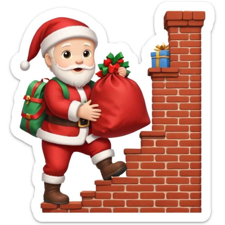 baby Santa Claus is carrying a bag of presents and climbing down the chimney. sticker