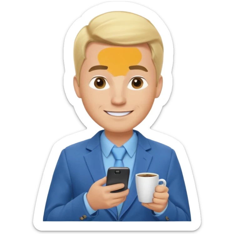 Confident and outgoing male entrepreneur, Caucasian features, blonde hair, big friendly smile, expressive eyes, defined eyebrows, wearing a blue blazer over a light blue shirt, holding a smartphone in one hand and a coffee cup in the other, waist-up, front-facing sticker