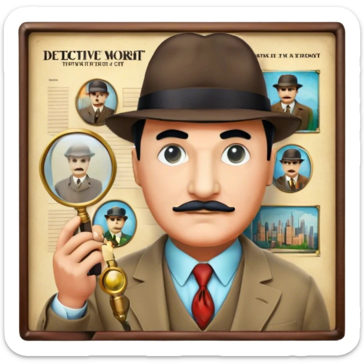 Icon for Detective Movies: A colorful collage featuring Detective Poirot, with a magnifying glass, revolver and a mysterious city backdrop. Include a board with photos of suspects, fingerprints, and a crime scene. Retro movie poster style. Transparent background. sticker