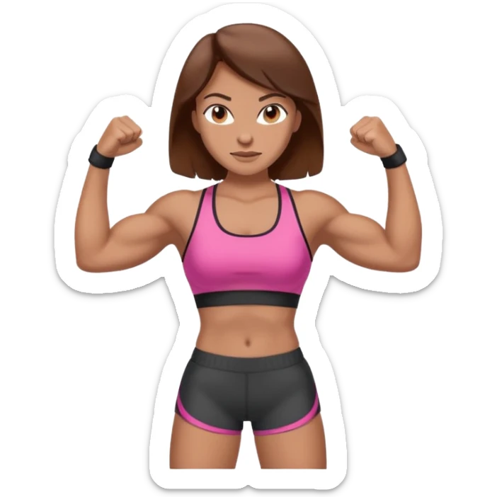 Girl flexing in sport bra and shorts with strong arms and brown hair  sticker