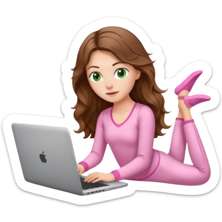 make a picture in ios 18 style of a white girl with brown long wavy hair and green eyes wearing pink pilates core pajamas and working on a laptop sticker
