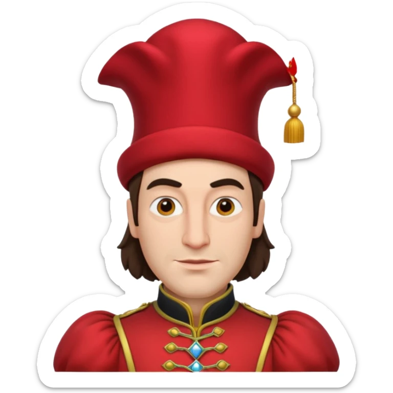 lord farquad avec un chapeau rouge plat sur le dessus, il a un vêtement rouge avec des manches bouffantes sticker