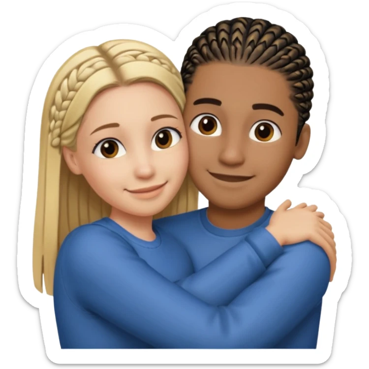 dirty blonde girl with straight hair and medium toned guy with black cornrows hair hugging sticker