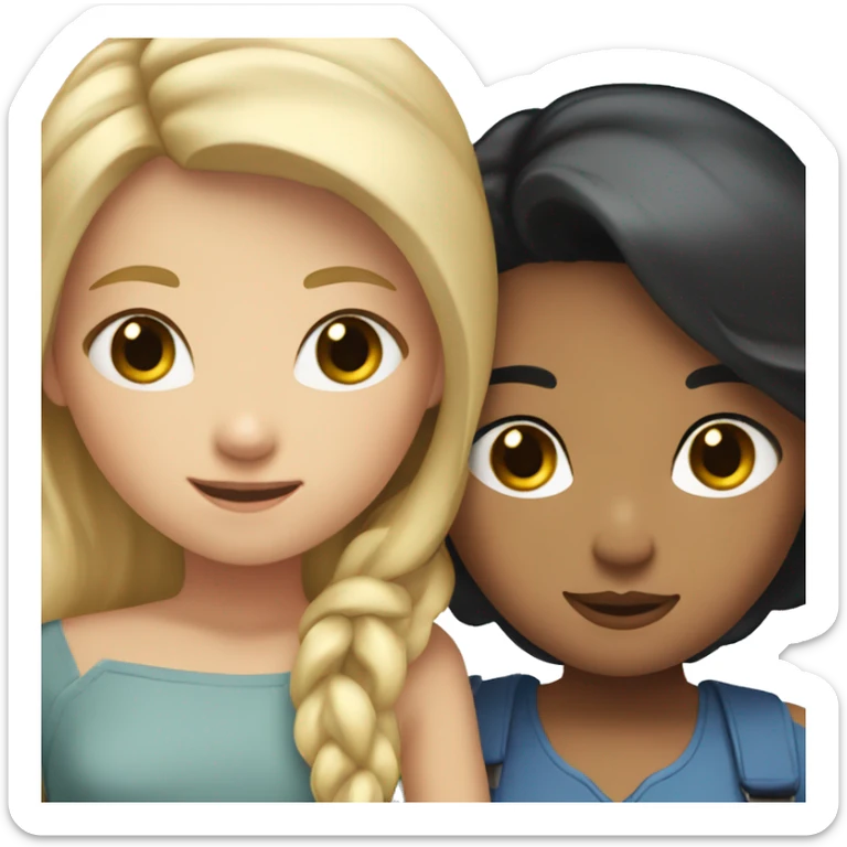 A girl with short blond hair and blue eyes hugs a girl with long dark hair and brown eyes sticker