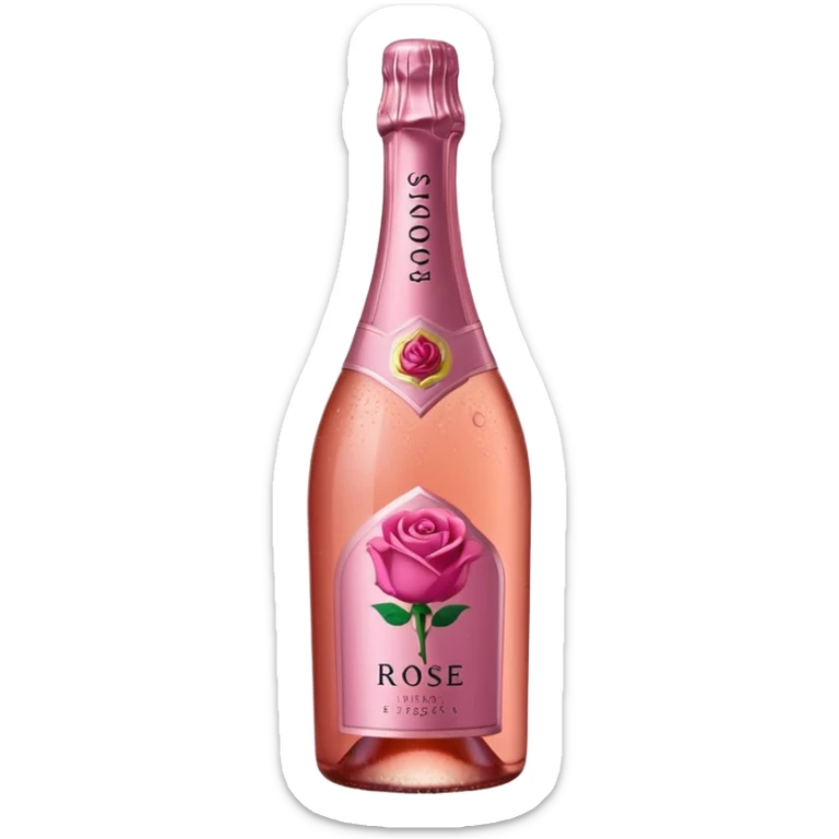 bottle of sparkling rosé with a rose logo on the label, angled to the left, no glass sticker