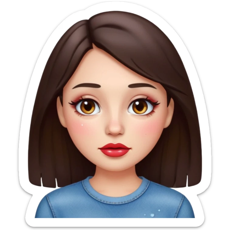 “Emoji brunette girl, dewy skin, heavy blush across cheeks and nose bridge, glossy cherry lips, soft eyeliner, teary sparkling eyes like hanni from new jeans sticker