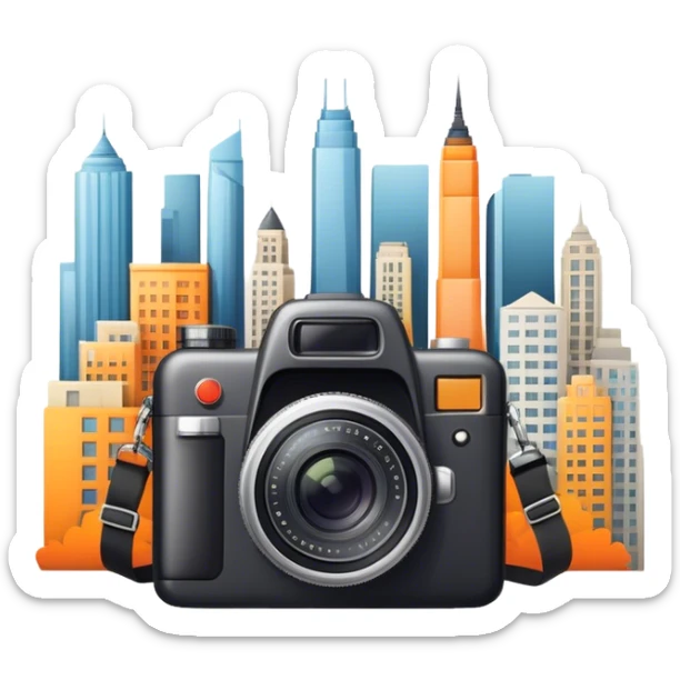 Icon for Urban Tourism: city skyline with iconic buildings, a camera and a backpack. The icon should represent the exploration of urban destinations, with elements like streets, landmarks, and vibrant city life. Transparent background. sticker