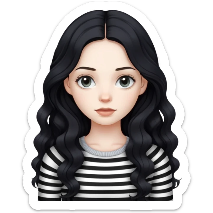 a girl that has pale skin but not too pale, long (a little wavy) black hair, wearing knit long sleeve top with black and white stripes sticker