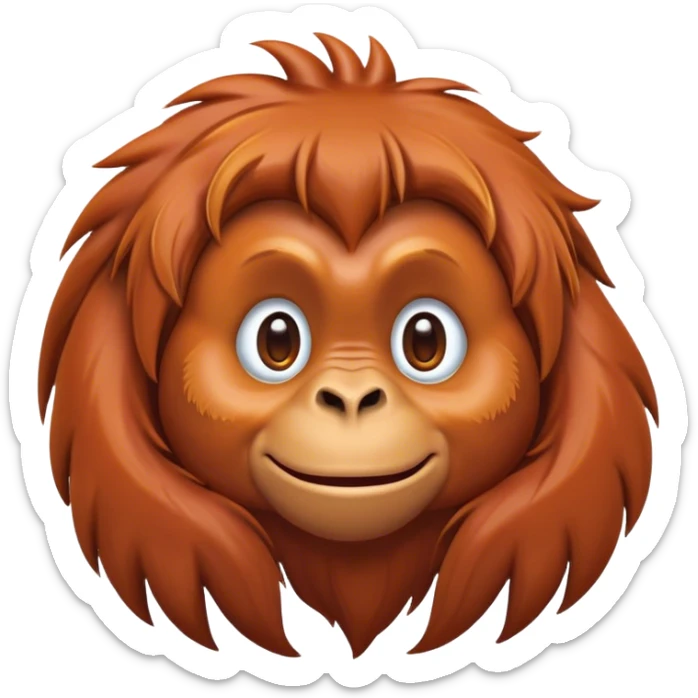 Cinematic Cute Orangutan Portrait Emoji, Head tilted playfully and inquisitively, with a gentle, expressive face accented by soft, flowing fur and round, sparkling eyes brimming with warmth, Simplified yet irresistibly adorable features, highly detailed, glowing with a warm, friendly glow, high shine, affectionate and lively, stylized with a touch of jungle whimsy, bright and endearing, soft glowing outline, capturing the essence of a mischievous yet loving orangutan that seems as if it could swing out of the screen into your arms! sticker