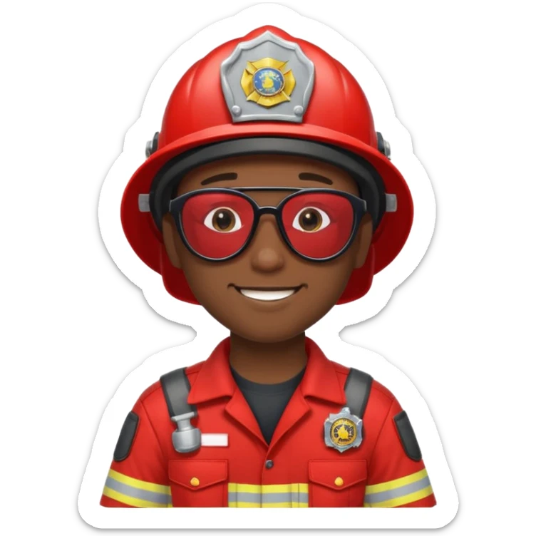 Young, male, dark skin, wearing sunglasses, firefighter uniform, happy sticker