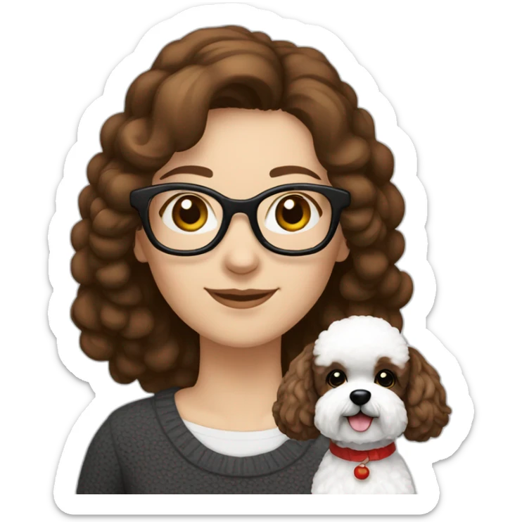 woman-white skin-brown hair-black-with glasses bichon dog-white-smile-christmas sticker