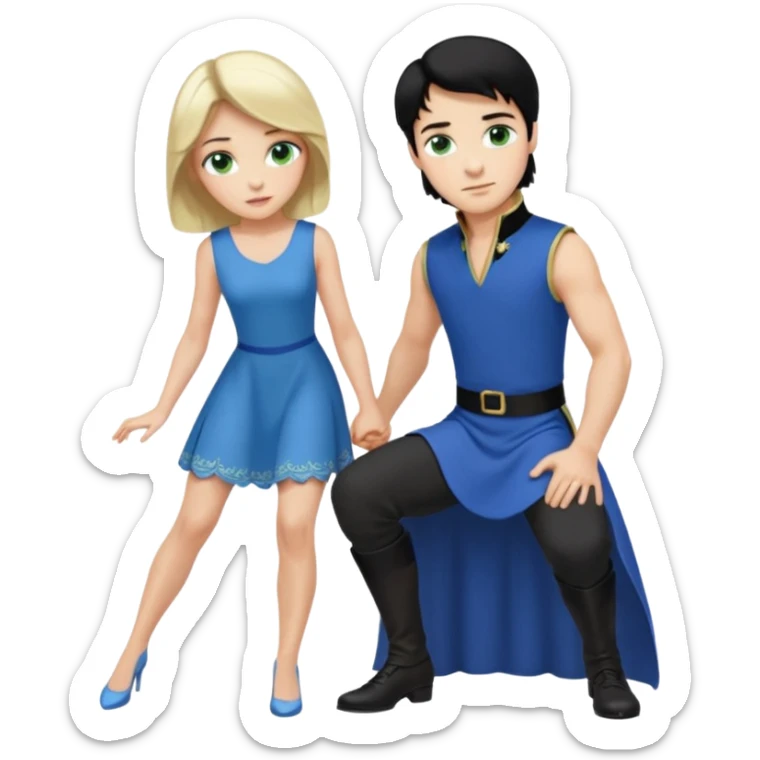prince, black hair, blue eyes, blue garment,  Woman, blonde Hair, green eyes, bending knee, sleveless white dress, sticker