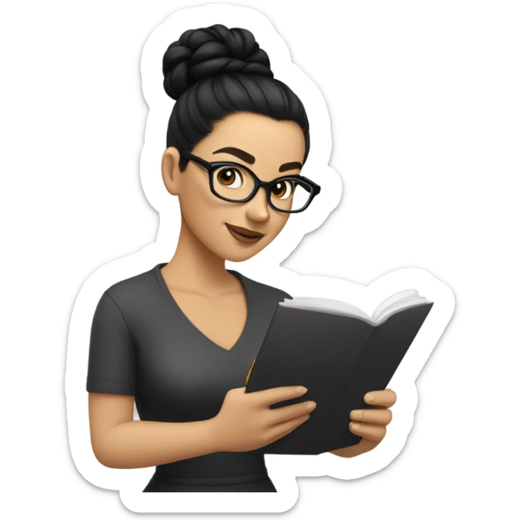 A white caucasian woman with Black hair with tophead bun, she has glasses, she is writing a note on her notebook, we can see her pencil while writing sticker