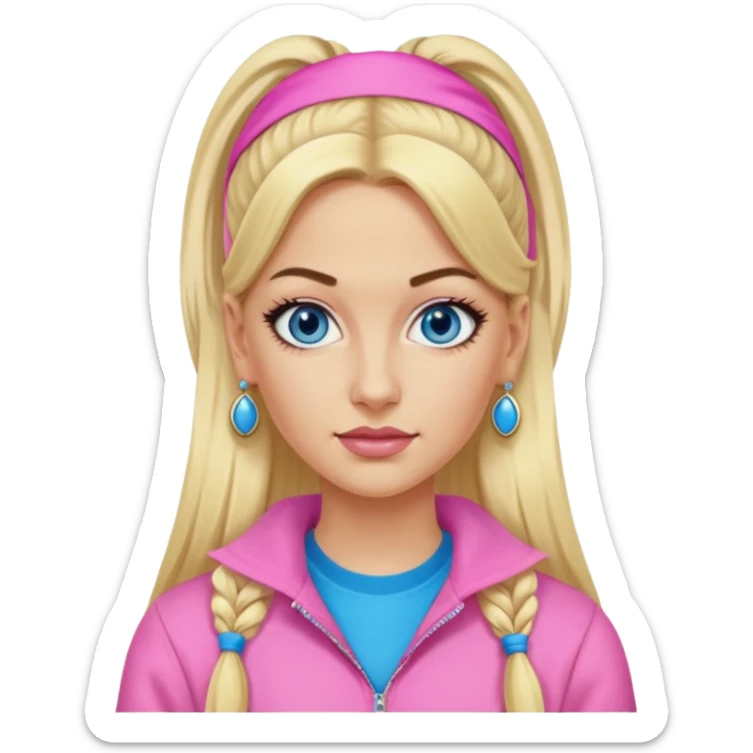 Me Julie from Ali G Indahouse with blue eyes, blonde long ponytail hair, pink outfit sticker