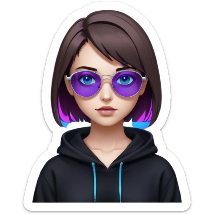 
girl with brown bob and blue eyes in a black hoodie and sunglasses. Cyberpunk style. Violet neon. sticker