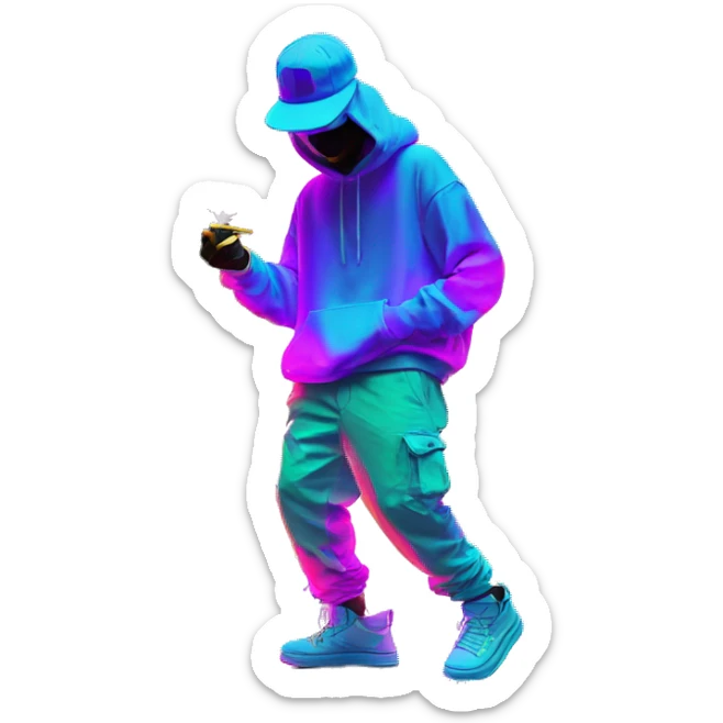 Multicoloured neon person smoking wearing hoodie dancing hip hop bucket hat tropical Skater fashion aesthetic baggy clothes graphic t shirt 420 sticker