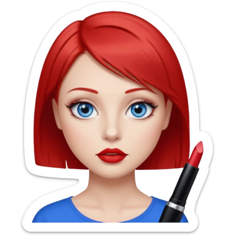una chica con los labios y los ojos maquillados, de piel blanca con el pelo liso corto pelirrojo y ojos celeste sticker