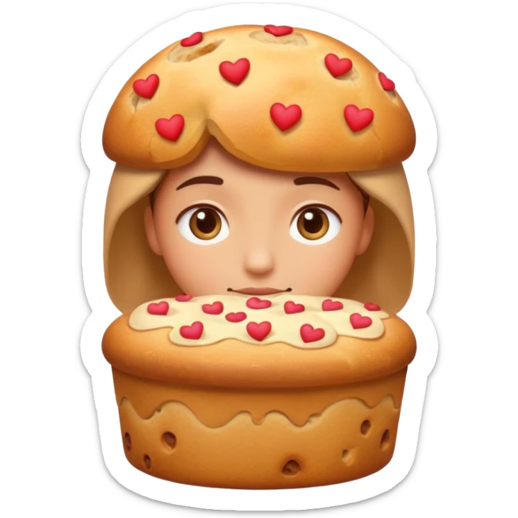 Apple-style emoji illustration of a person with dreamy eyes thinking of a traditional panettone, small hearts floating around, soft 3D emoji style, smooth gradients, rounded shapes, warm festive colors, simple expression, centered composition, transparent background, no text. sticker