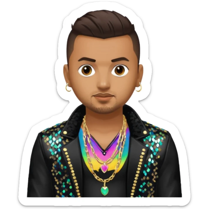 Sean Paul with dark brown hair, black sequin jacket, shirtless with necklace sticker