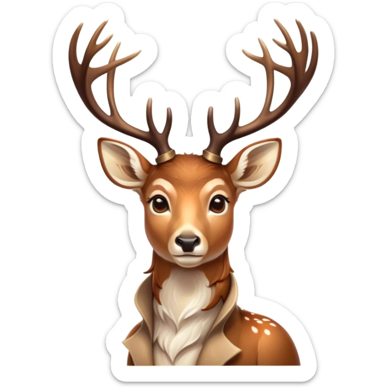 Cinematic Noble Deer Portrait Emoji, Poised and regal, with a graceful, slender build and a dappled coat of warm browns and creams, elegant antlers crowning its head, deep-set soulful gentle eyes, Simplified yet sharp and sophisticated features, highly detailed, glowing with a soft, dignified glow, high shine, intelligent and serene, stylized with an air of forest majesty, focused and attentive, soft glowing outline, capturing the essence of a watchful woodland guardian, so majestic it feels as though it could gracefully leap out of the screen with effortless authority! sticker
