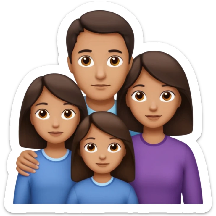 Family portrait with father with dark brown hair and black eyes, mother with light brown hair and brown eyes, three brown little girls with brown eyes sticker