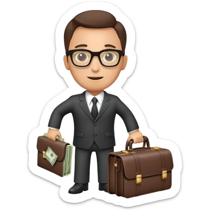 businessman in suit and glasses with an open briefcase full of dollar bills sticker