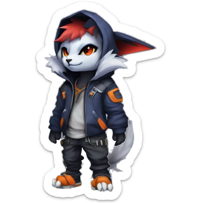 Cool Dark Anthro Chibi Absol-Noivern-Litten-Lynx-Pokémon with edgy stripes hoodie spiked collar punk techwear Cargo Pants Full Body sticker