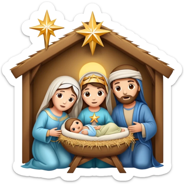 Nativity scene with baby Jesus in a manger, Mary, Joseph, and star above sticker