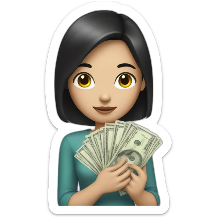 A girl who has black hair and white skin with money in her hands sticker