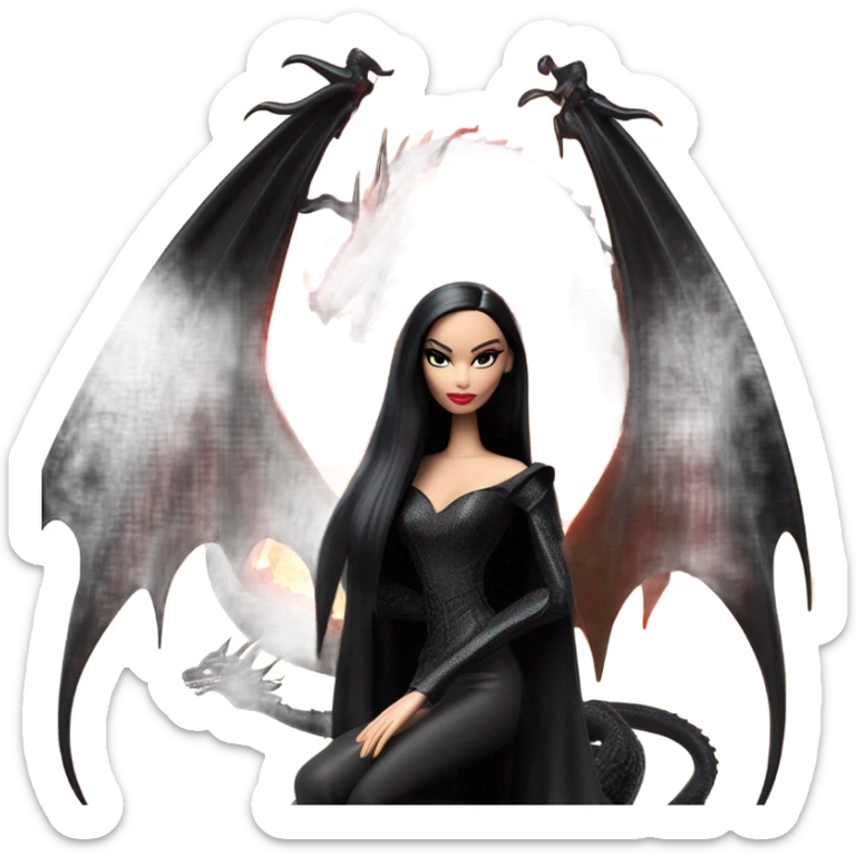  beautifully dressed teen Morticia Addams Barbie Jedi flying on the back of a very large black shiny evil-looking fire-spewing dragon. proper scale sticker