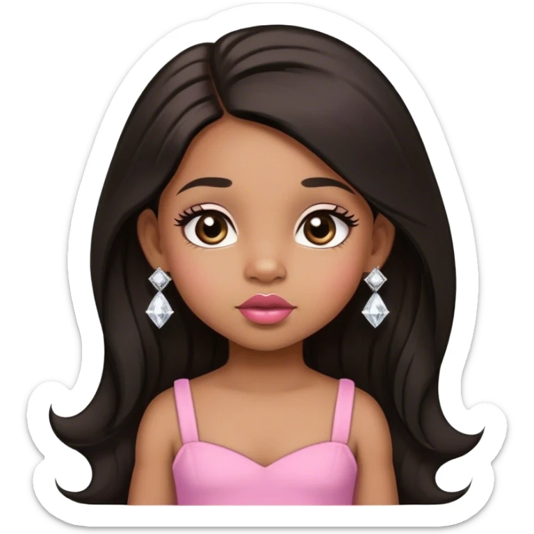 light brown skin tone, very adorable toddler, with big plump lips, long long lashes, black straight long hair, brown eyes, pink dress, diamond stud earrings sticker