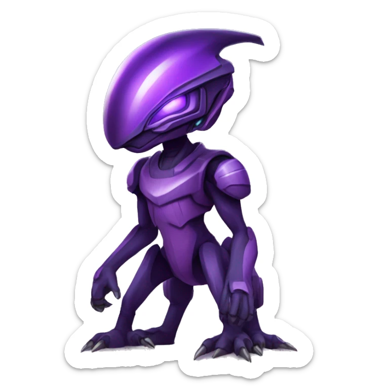 a black-purple Genesect-Raptor-Fakémon—hybrid with a futuristic visor-helmet full body sticker