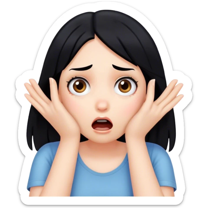 Shocked girl face with black hair and hands on face, big text saying "HELP" sticker